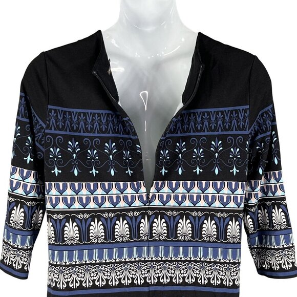 J McLaughlin XL Black Blue Fair Isle Nordic Print Midi Shift Dress 3/4 Sleeves - Picture 4 of 16